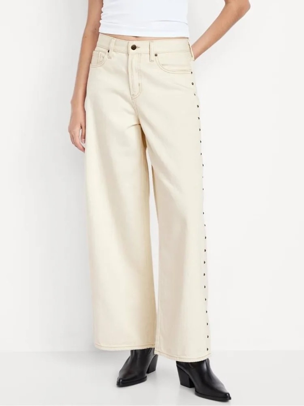Old Navy | High-Rise Baggy Wide Leg | Size 10 | Cream with Studs